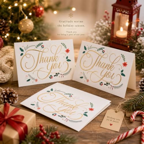 50 Pack Christmas Thank You Cards with Gold Foil & Envelopes - 4x6 Inches