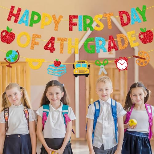 Happy First Day of 4th Grade Banner - Colorful Back-to-School Decor