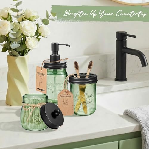 Green Mason Jar Toothbrush Holder with Stainless Steel Lid - Farmhouse Bathroom Organizer