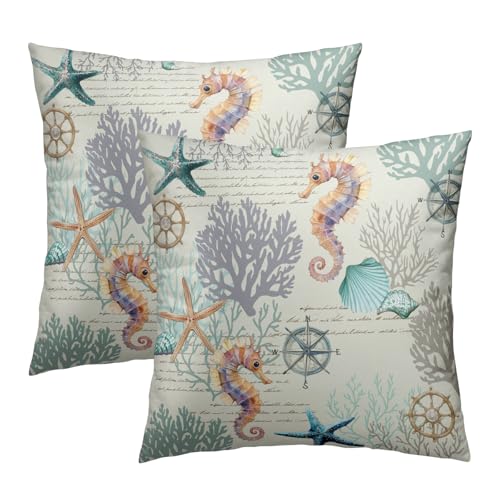 Imiss Nautical Coastal Pillow Covers Set of 2 - 18x18 Inch Starfish & Seashell Design