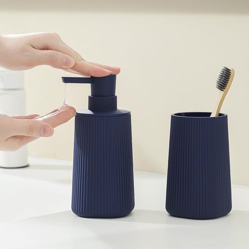 YAUKPH Bathroom Accessories 2 Piece Soap Dispenser and Toothbrush Holder Set Striped Blue