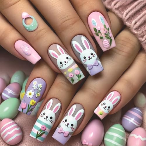 Easter Press on Nails Long Square Cute Bunny Spring Flower False Nails