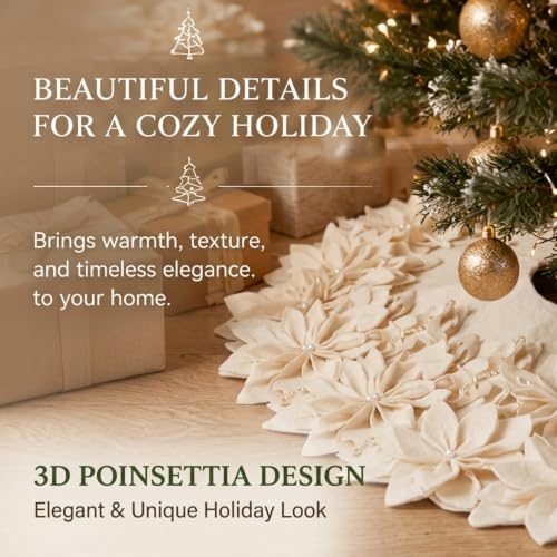 Foilswirl 36 Inch White Christmas Tree Skirt with Poinsettia Pearl Edge - Holiday Decor