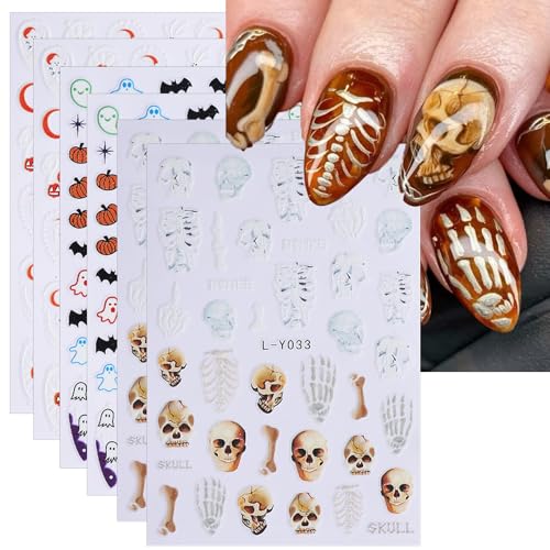 WULIUFLY 6 Sheets Halloween 3D Self-Adhesive Nail Art Decals Ghost Skull Pumpkin