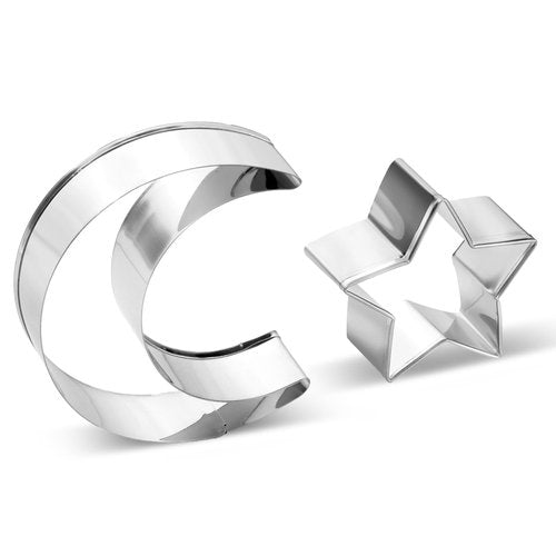 Star Cookie Cutters Set, Stainless Steel Star and Moon Cookie Cutter Shapes, Large Moon Star Shaped Biscuit Molds, Metal Cookie Cutters for Baking Pastry Fondant Ramadan Holiday (2pcs)