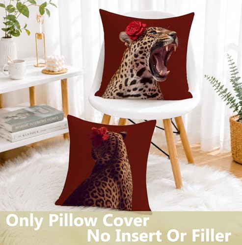 Red Floral Cheetah Throw Pillow Cover 18x18 Soft Flannelette Decorative