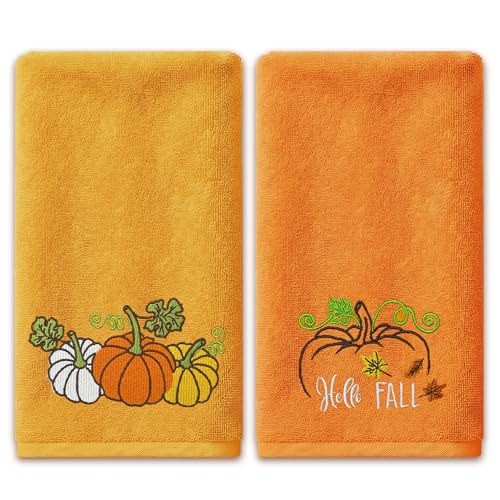Hexagram Embroidered Fall Hand Towels - Pumpkin Autumn Decor, 14" x 30"