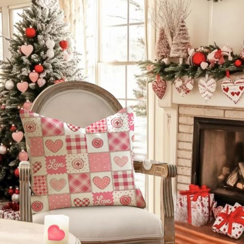 Pink Plaid Heart Valentine Pillow Cover 18x18 | RABUSOFA