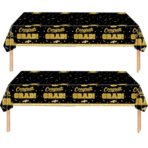 Black & Gold Graduation Tablecloth Set - 2 Pack, 54x108 Inch