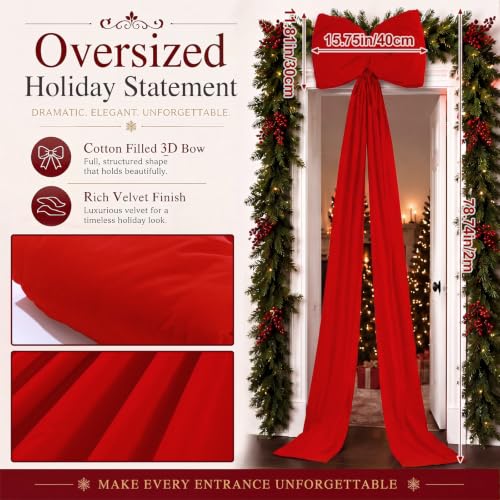 Giant Red Velvet Christmas Bow for Indoor Outdoor Decor - 6.6ft Streamers