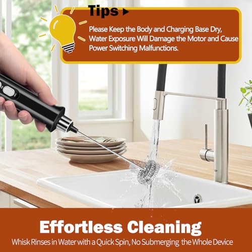 Rechargeable Handheld Milk Frother with 3 Speed Settings & Detachable Stainless Steel Whisks