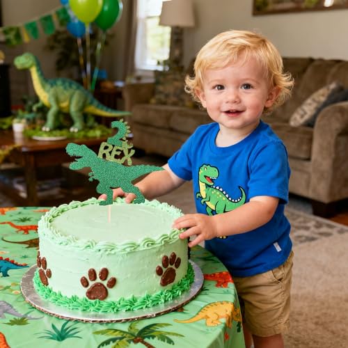 Dinosaur 2nd Birthday Cake Topper - Green Glitter T-Rex Decoration