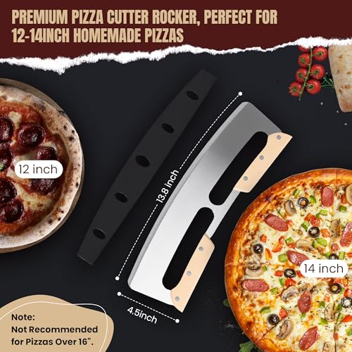 Gicyiit 14-Inch Stainless Steel Rocker Pizza Cutter with Wooden Handle, Sharp & Safe Kitchen Tool