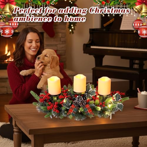 Baquler 3 LED Christmas Candle Centerpiece Battery Pine Red and Green