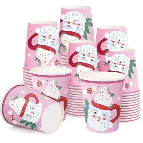 Christmas Paper Cups 50 Pack - Pink Santa Claus Disposable Drinkware, 9 oz Holiday Party Supplies