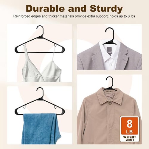 HOUSE DAY Black Plastic Hangers - Durable 50 Pack with Built-in Hooks | Space-Saving Clothing Solution for Shirts, Coats, Dresses