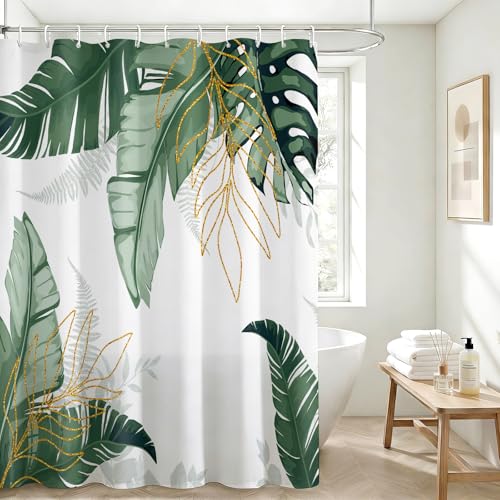 Tropical Palm Leaf Shower Curtain, Green Gold Monstera, 72x72 Inch