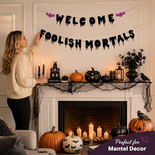 Welcome Foolish Mortals Halloween Banner Glitter Gothic Mansion Decor