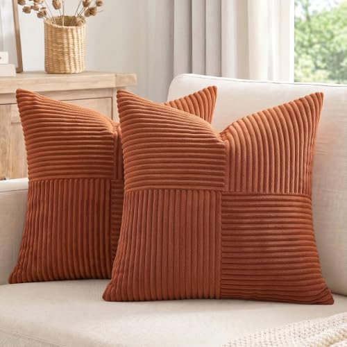Fancy Homi 2 Pack Rust 18x18 Inch Corduroy Throw Pillow Covers