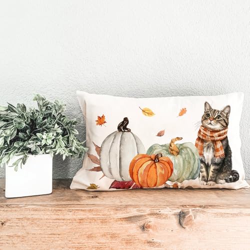 Fall Lumbar Pillow Cover 12x20 Cat and Pumpkin Autumn Farmhouse Decor