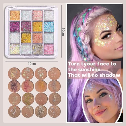 16-Color Holographic Body Glitter Gel Palette for Face, Hair & Nails