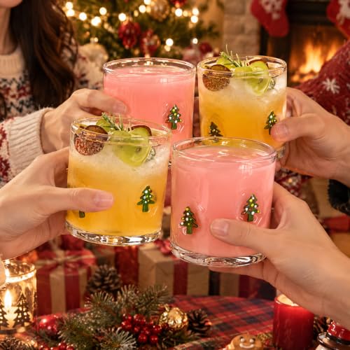 Christmas Tree Icon Juice Glasses - 14 oz Set with Festive Holiday Design - Tree Variation