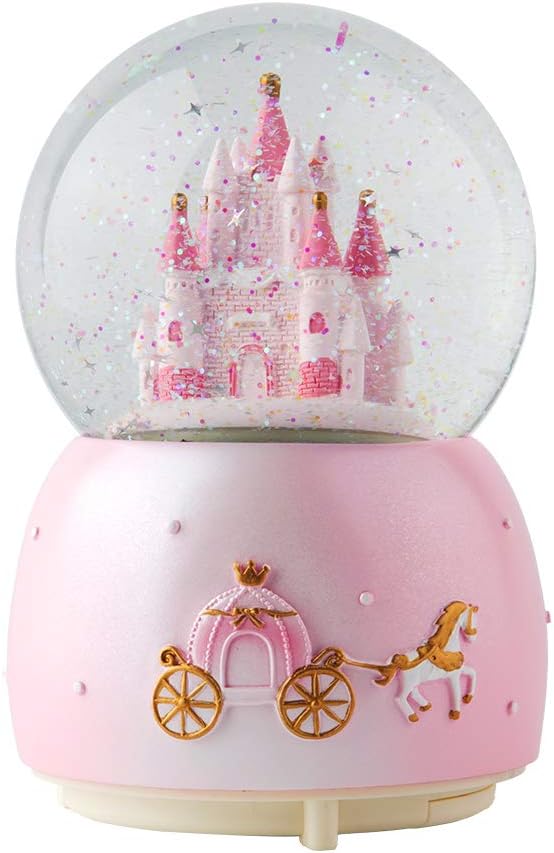 Skiennix Music Box - Crystal Carousel Rotating Unicorn Snow Globe with Colorful LED Light | Castle Pink