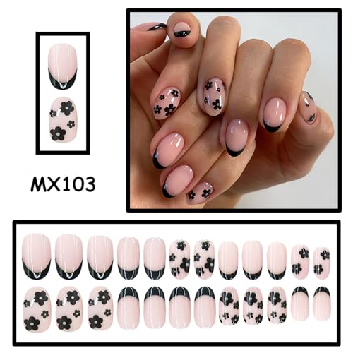 LYLYNB Black French Tip Press on Nails with Floral Art - Almond False Nails