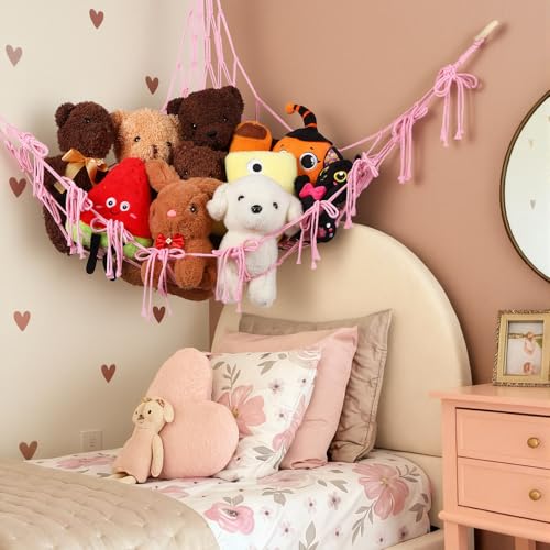 Ribbonlic Pink Bow Stuffed Animal Hammock - Boho Corner Plushie Organizer