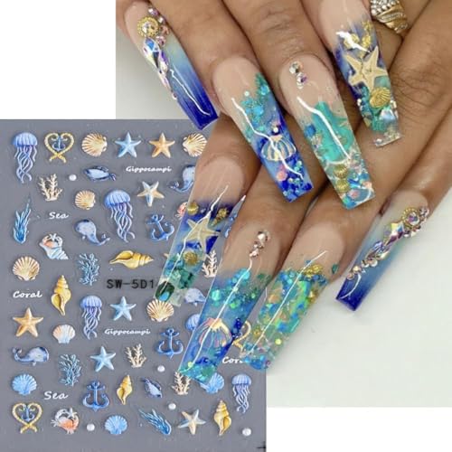 KAICCOSO 5D Embossed Starfish & Shell Nail Stickers - 3 Sheets Summer Beach DIY Manicure Decals