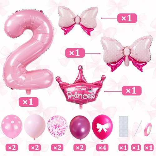 32-Inch Number 2 Balloon Set with Crown & Bows - Pink Princess Party Decor