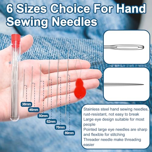 CooBigo Large Eye Hand Sewing Needles Set - 30 Pcs Stainless Steel Quilting & Embroidery Needles with Threaders and Vial