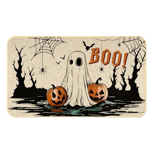 Halloween Doormat with Pumpkins & Ghosts - Non-Slip Rubber Backing, 17x29 Inch