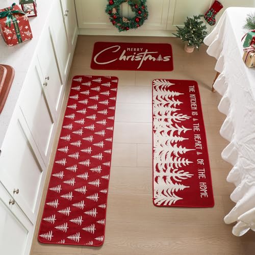 Christmas Tree Kitchen Rugs Set - Pinecone Snowman Snowflake Non Slip Mat, 3 Sizes
