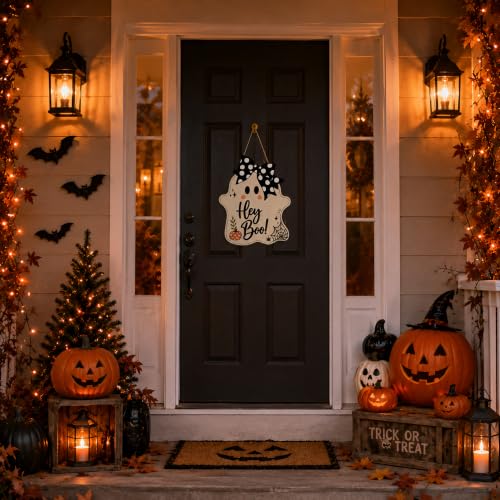 Hey Boo Ghost Door Sign - Cute Wooden Halloween Decoration
