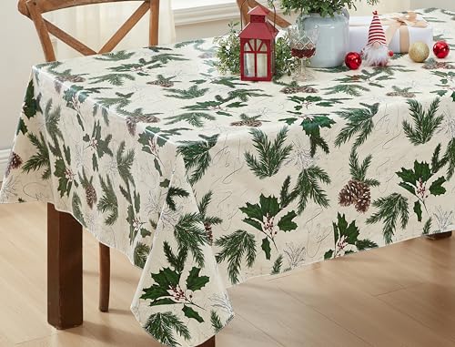Newbridge Christmas Joyful Holly Vinyl Tablecloth 60 x 102 Inch Rectangular Holiday Decor - Flannel Backing
