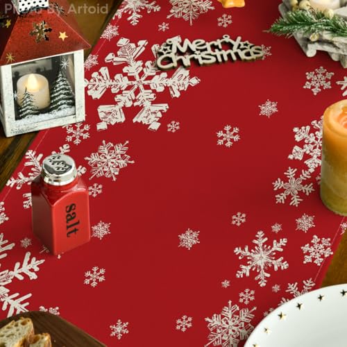 Snowflake Winter Table Runner 13x72 Inch Home Decor Party Tablecloth - Red