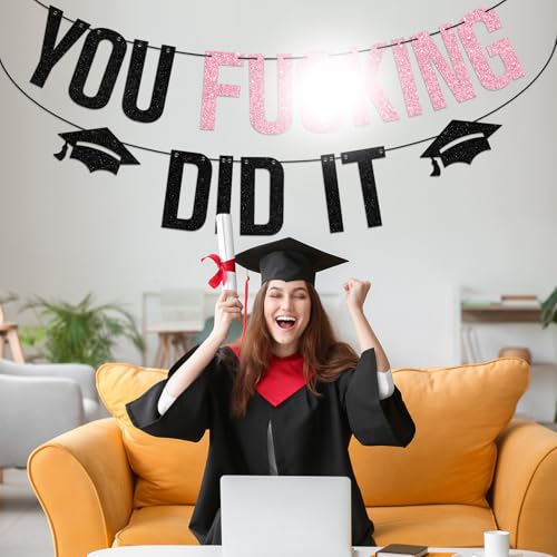2026 Graduation Party Banner - Pink Glitter 'You Did It' Decor