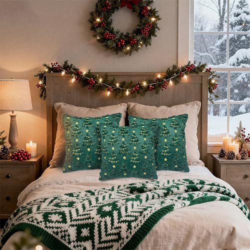 Green Christmas Pillow Covers 18x18 inch Set of 2 - Soft Plush Decor