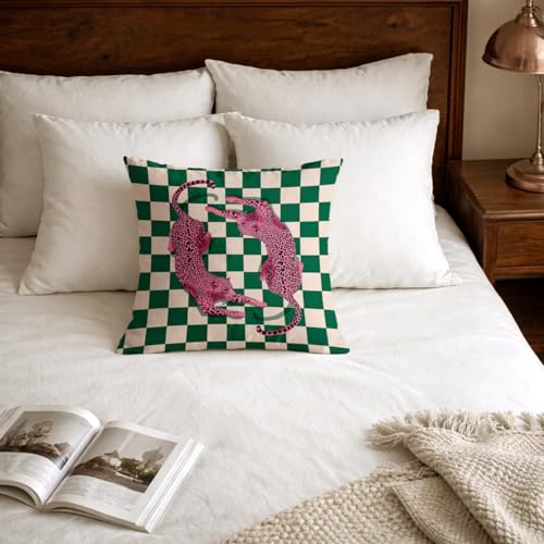 White-Leopard Trendy 18x18 Pillow Cover - Pink Leopard Checkered Decor
