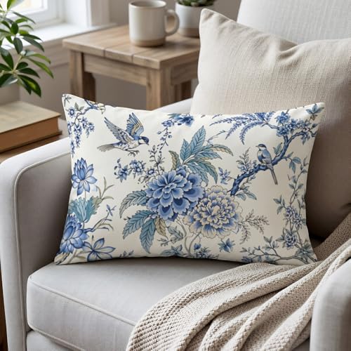 GSRONY Chinoiserie Blue Bird Lumbar Pillow Cover, 12x20 Inch Cotton Linen