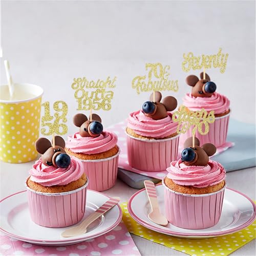 70th Birthday Cupcake Toppers - 12 Gold Glitter Decorations