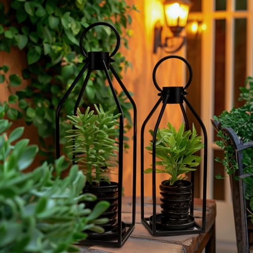 Black Metal Lanterns with Flameless Candles - 2PCS Farmhouse Decor