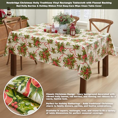 Newbridge Holly Traditions Christmas Vinyl Tablecloth 70x52 Inches - Rectangular Holiday Decor