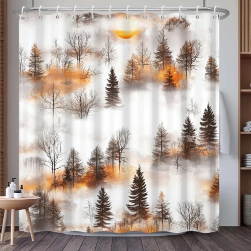 Misty Autumn Forest Shower Curtain with Hooks, 71x74 Inches - Waterproof Fabric for Rustic Bathroom Decor