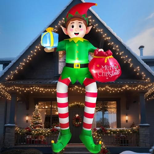 10FT Sitting Elf Inflatable Christmas Yard Decoration with LED Lights - Buddy the Elf with Gift Bag