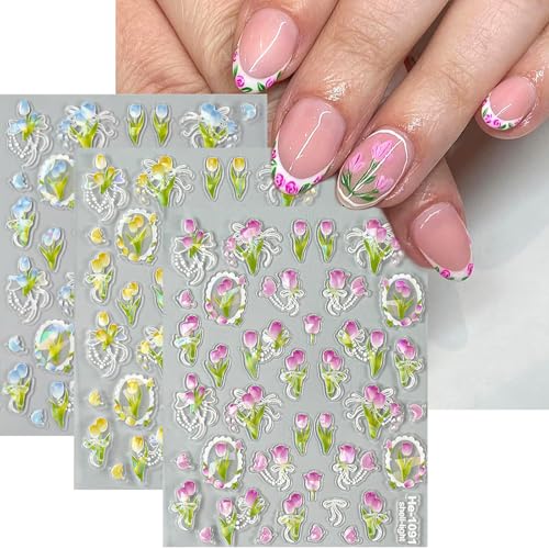 Floral Nail Art Stickers 3 Sheets Embossed Tulip Spring Manicure Decals