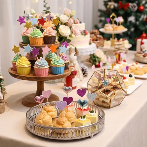 30 Pcs Glitter Star and Heart Cupcake Toppers Rainbow Cake Picks