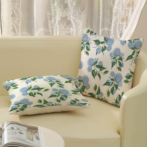 GOLIANDA Hydrangea Floral Linen Pillow Covers 18x18, Set of 2, Blue Green