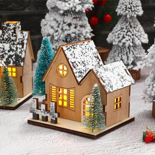 Lighted Christmas Village Houses Set with LED Lights, Wooden Holiday Decor